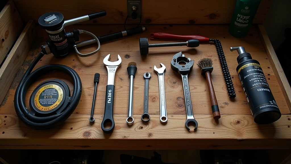 Selection of bike maintenance tools laid out on workbench including pump, wrenches, lubricant, and cleaning brush