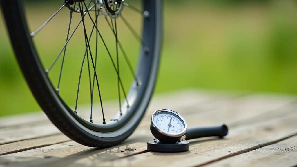 Close-up of bicycle tire being checked with hand pump and pressure gauge on outdoor table