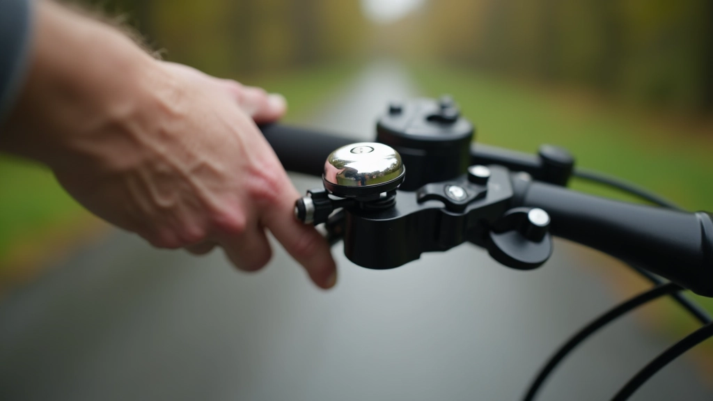 Close-up of bicycle bell and handlebar controls with hand positioning for signaling