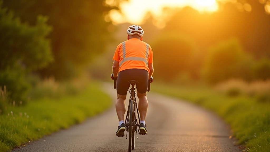 Cyclist wearing bright orange vest and helmet on greenway during golden hour with clear visibility