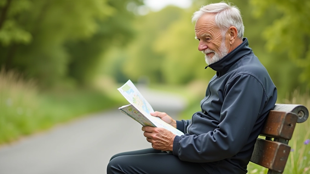 Cyclist sitting on bench beside the paved greenway path, taking a rest break while looking at map or route information