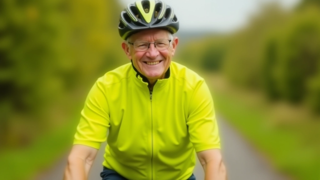 Smiling cyclist wearing safety helmet, portrait from chest up, bright sunlight, outdoor greenway