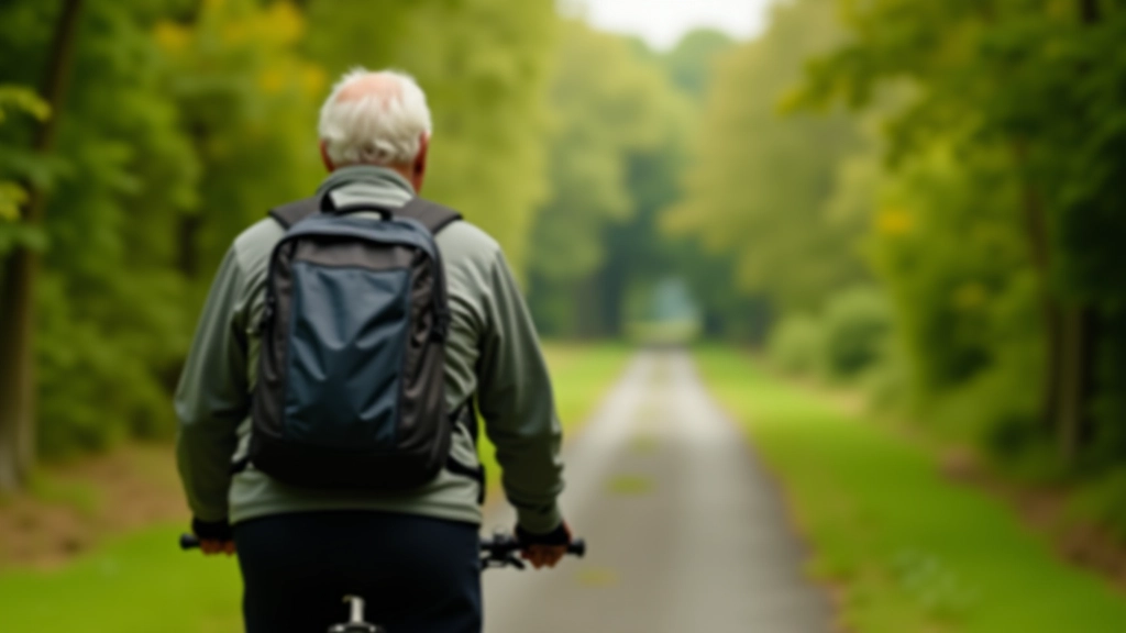 Cyclist with backpack pausing to enjoy scenic view of greenway forest section