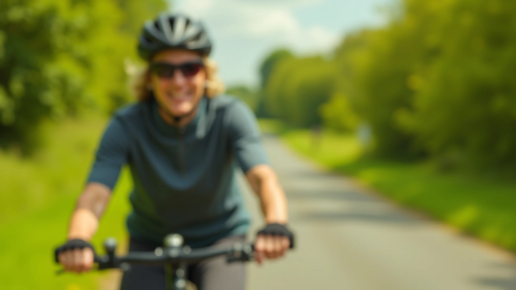 Cyclist wearing helmet and bright clothing on scenic greenway path