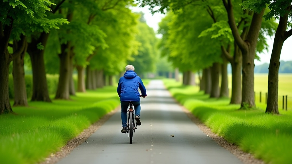 Flat paved cycling path through green countryside with trees on both sides, peaceful rural landscape