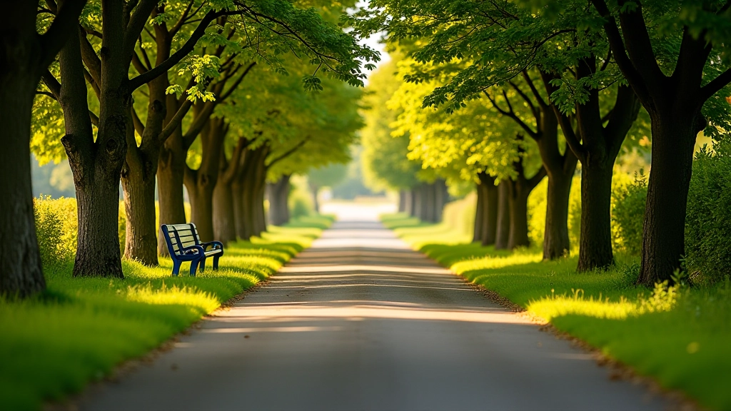 Scenic view of tree-covered greenway with benches and rest areas visible