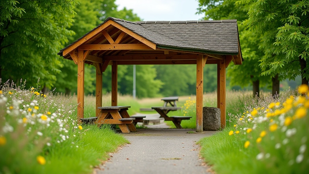 Simple wooden shelter structure with benches and picnic tables, surrounded by wildflowers and grass, peaceful natural setting